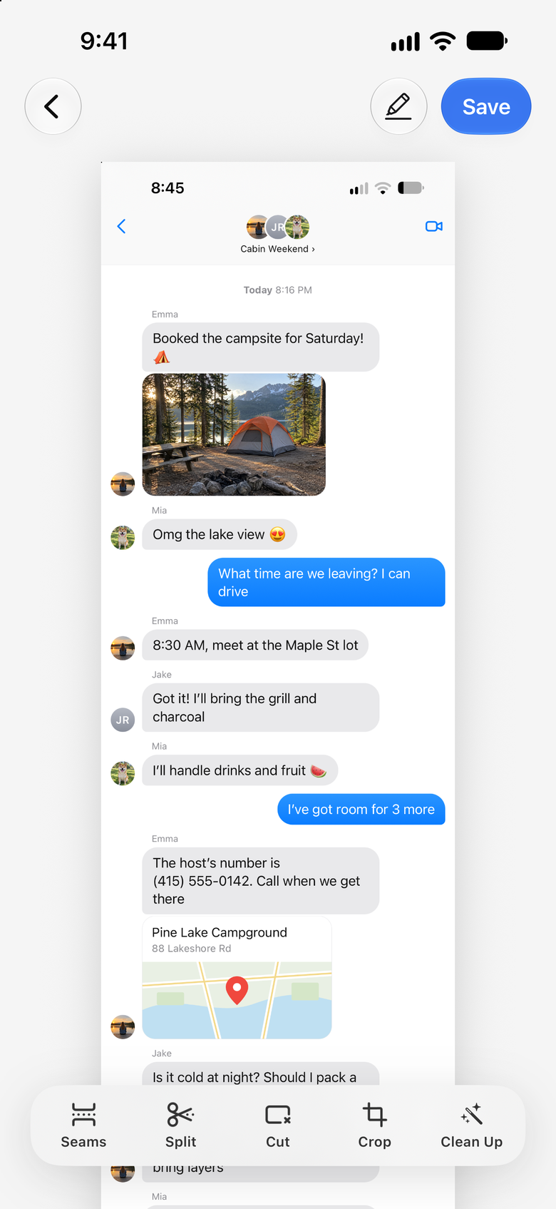 Editor Zeta Stitch menampilkan tiga screenshot chat yang saling tumpang-tindih, digabung jadi satu gambar panjang