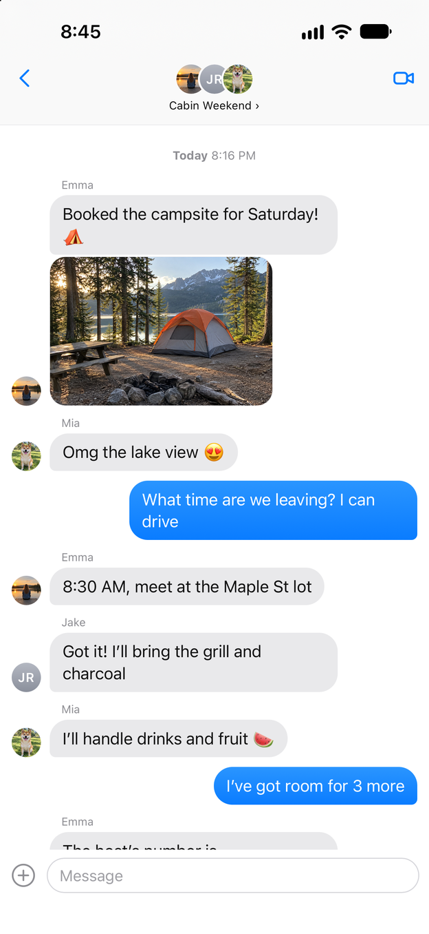 A chat screenshot between two people planning a trip, the first of six