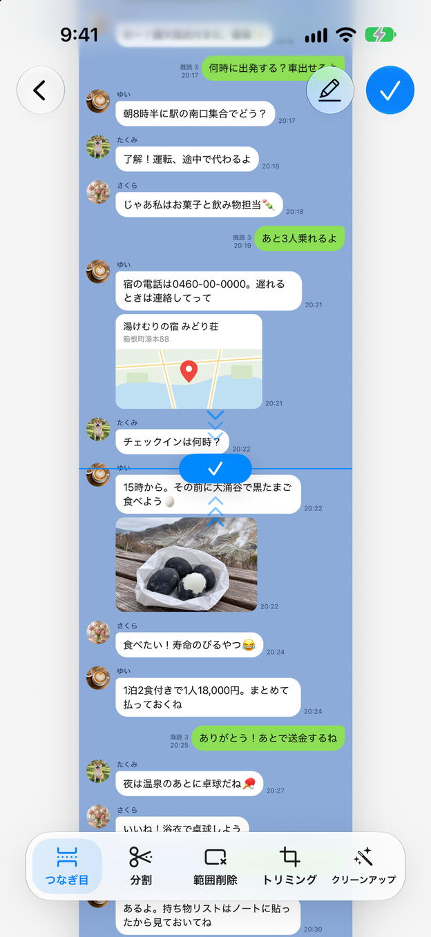 2枚のトークのスクショのつなぎ目を選んで調整している編集画面