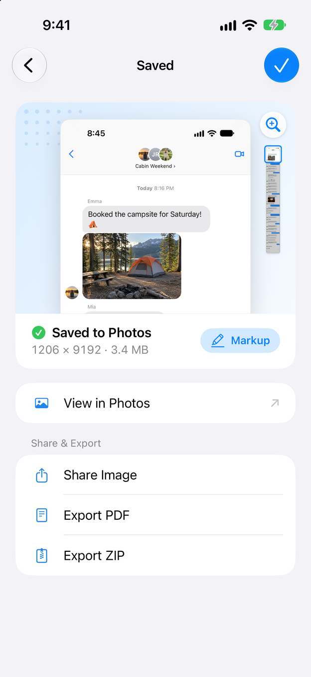 The Saved screen showing the long chat image saved to Photos, with Share Image, Export PDF and Export ZIP