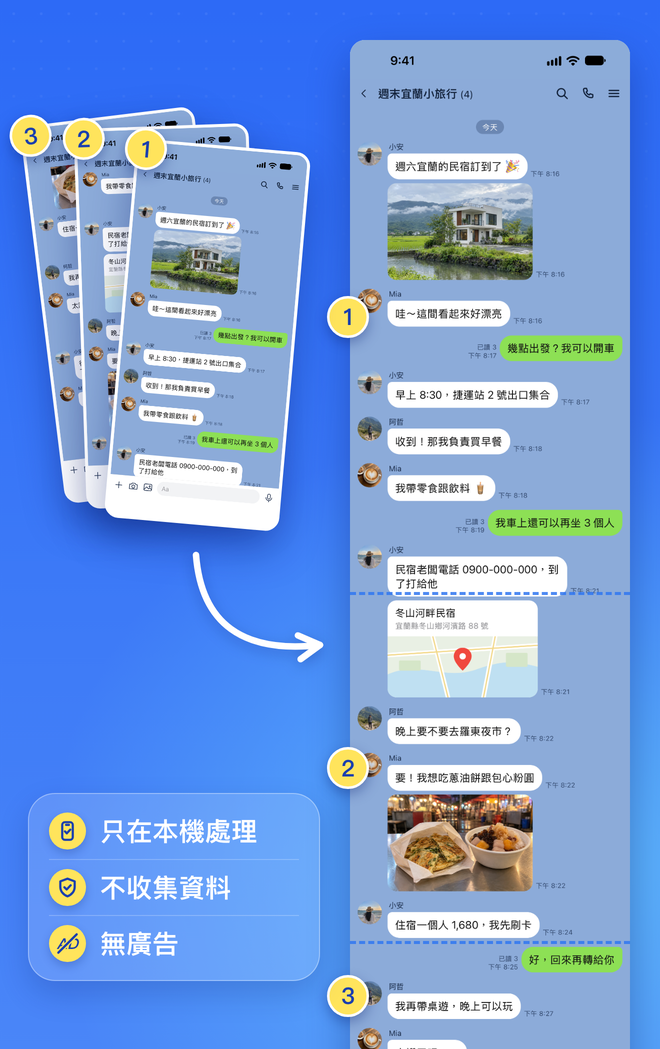 標著 1 到 3 的三張聊天截圖拼成一張長圖，接縫處有標記