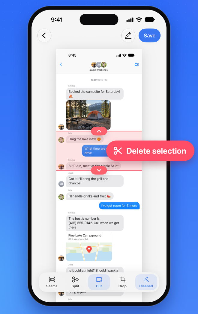 Satu bagian di tengah screenshot panjang dipilih untuk dihapus