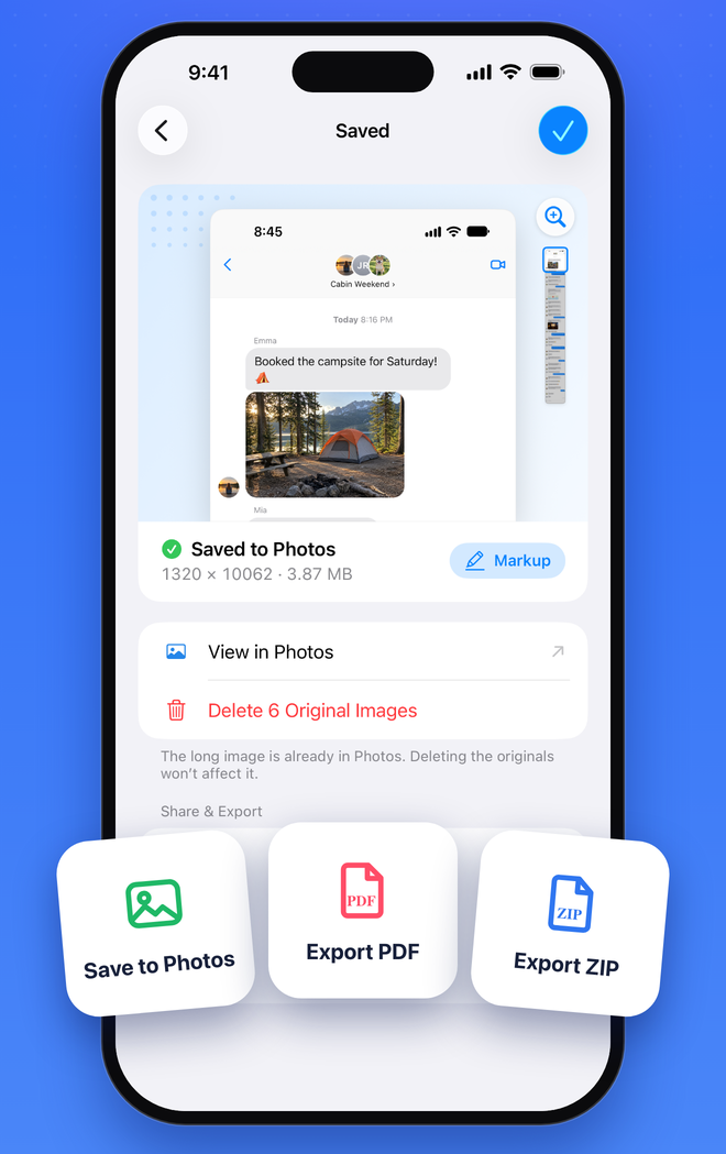 Layar setelah menyimpan, dengan tombol Save to Photos, Export PDF, dan Export ZIP