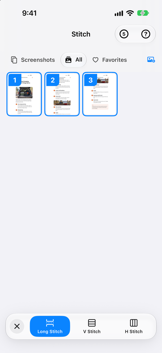 Zeta Stitch home screen with screenshots selected for Long Stitch