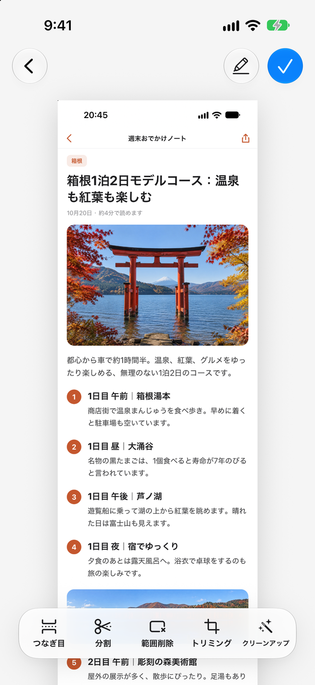 編集画面で開いた、つなげた長いスクショ