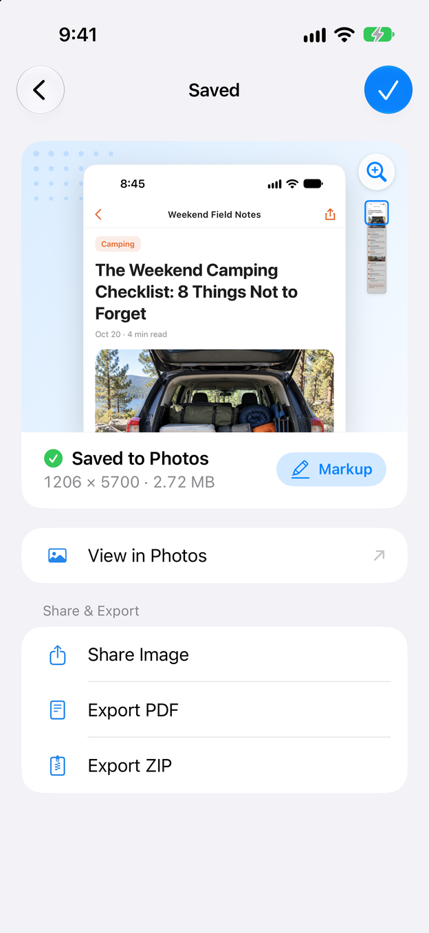 The saved screen with the Export PDF option