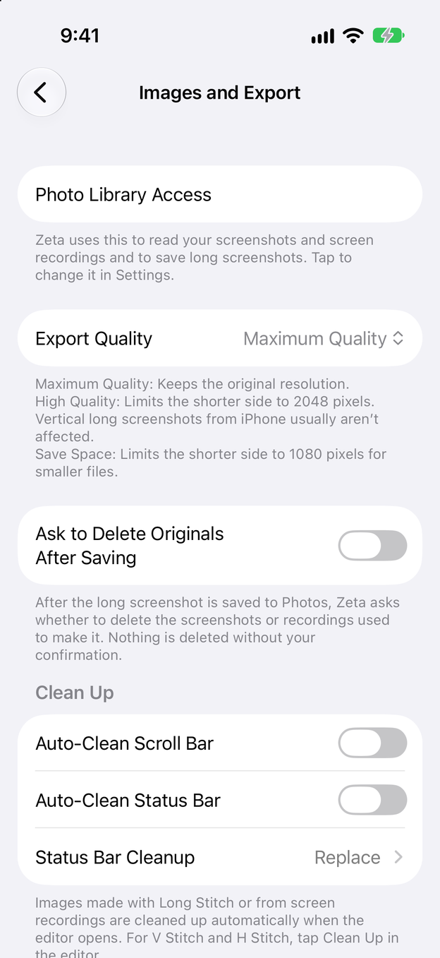 Settings in Zeta Stitch for image and export quality