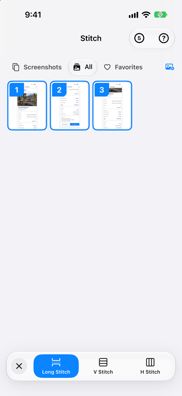Zeta Stitch home screen with the booking screenshots selected