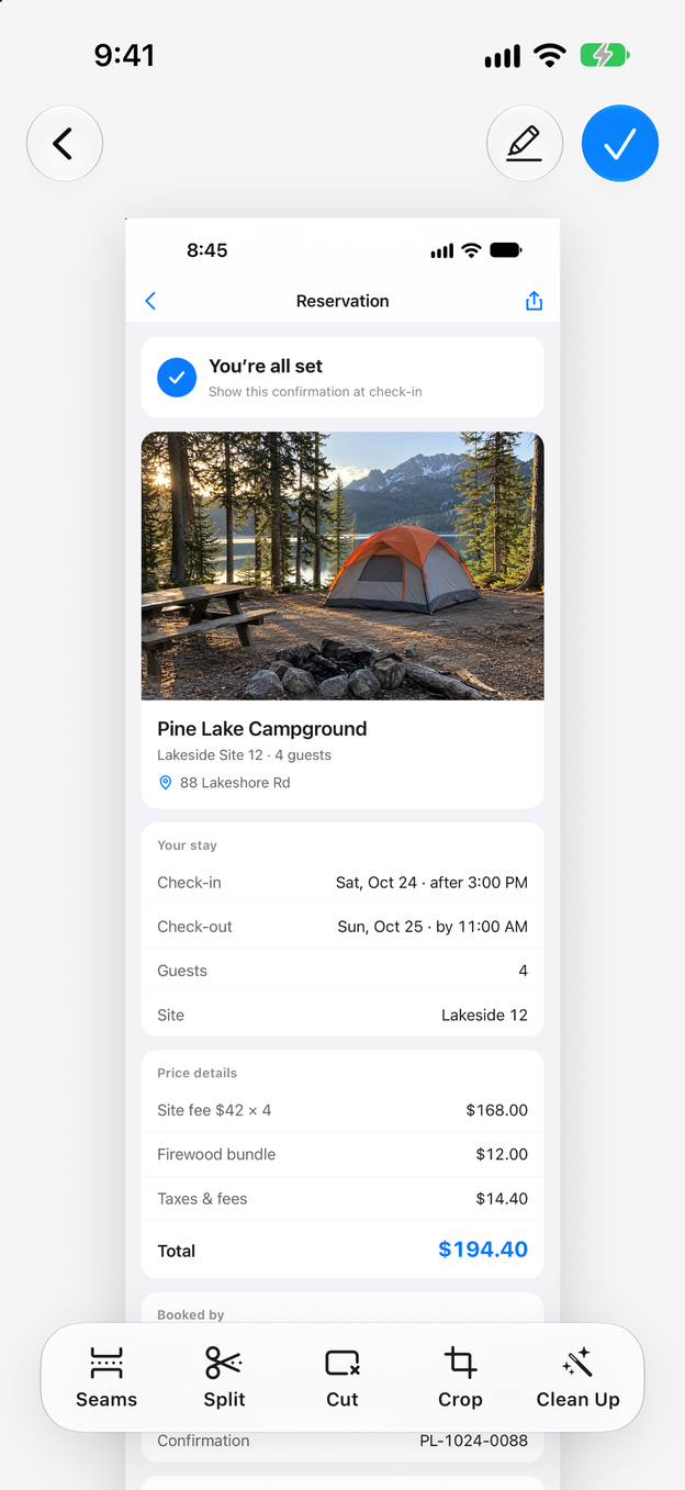 The editor showing the booking stitched into one long image
