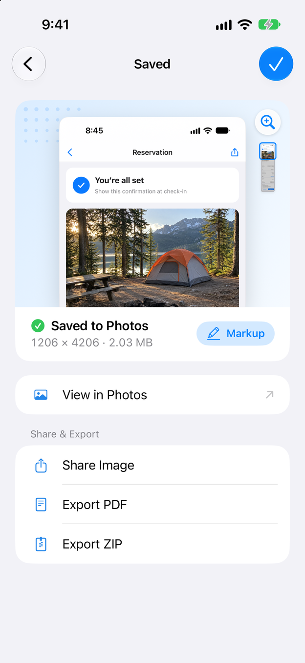 The Saved screen for the booking, saved to Photos, with Export PDF