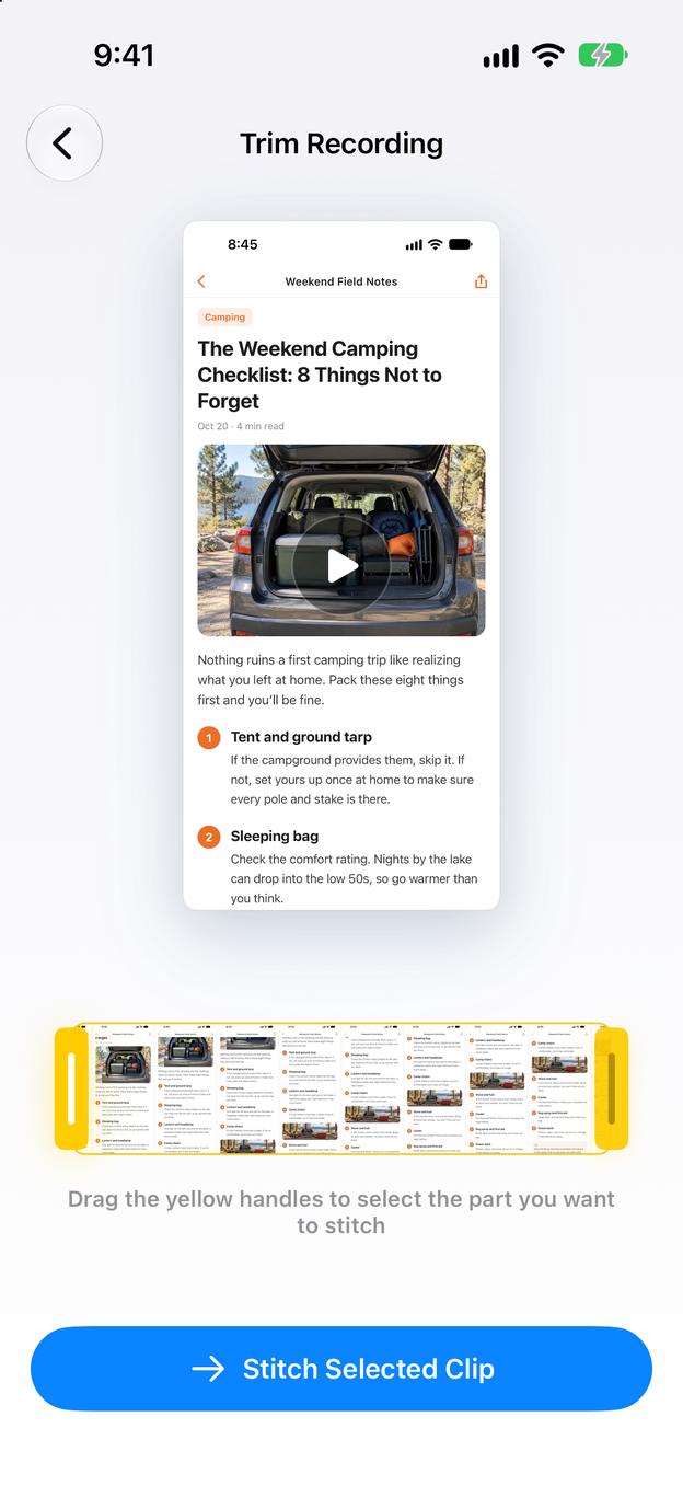 Layar Trim Recording yang terbuka sendiri dengan rekaman baru, dengan pegangan kuning dan tombol Stitch Selected Clip