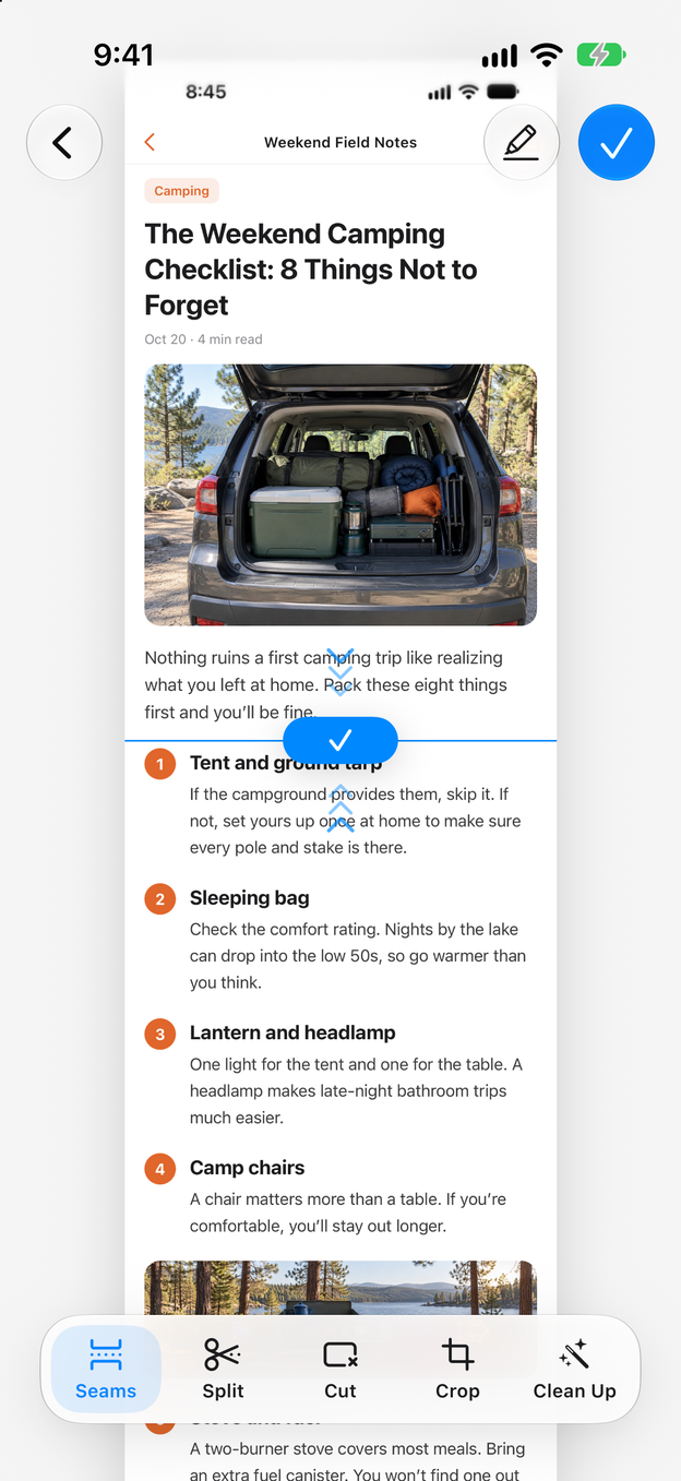 The editor showing the stitched article with a seam selected