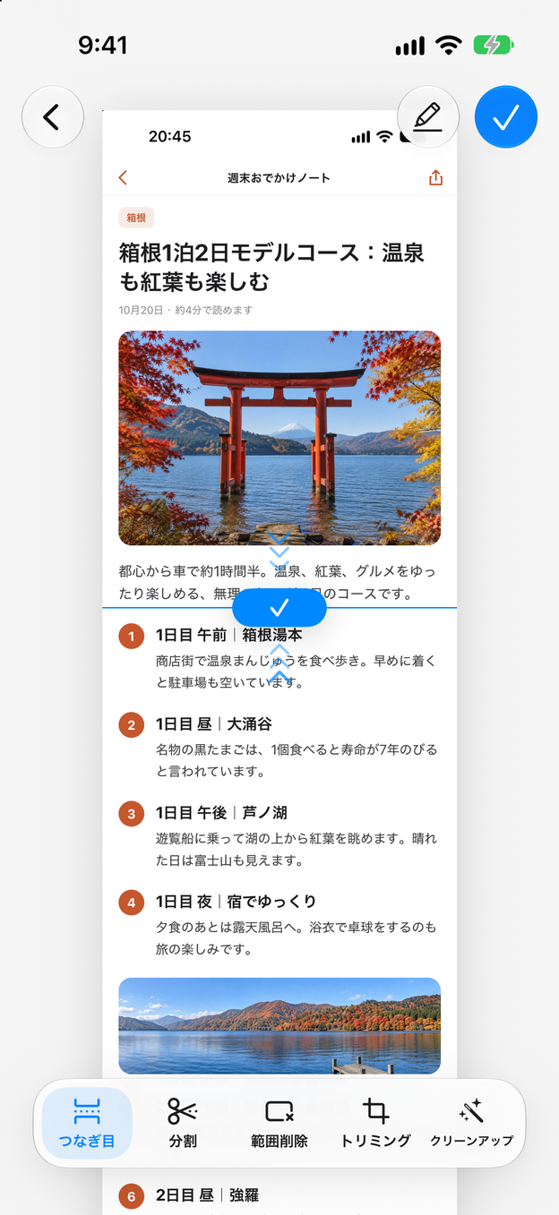 つなげた記事のつなぎ目を選んでいる編集画面