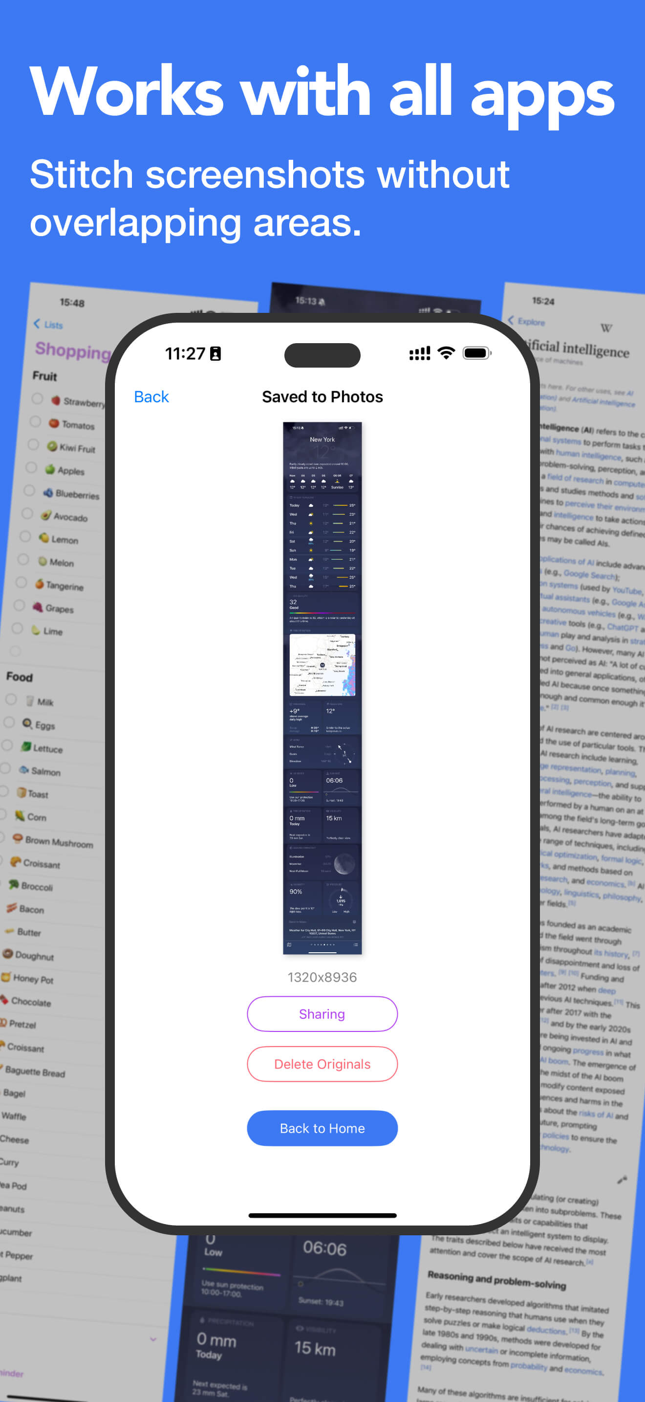 Works with all apps - Stitch screenshots without overlapping areas.